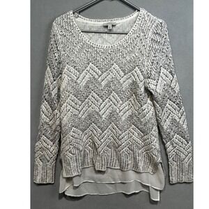 Lucky Brand Women's‎ XL Chevron Knit Sweater Sheer Hem Gray White Boho Tunic